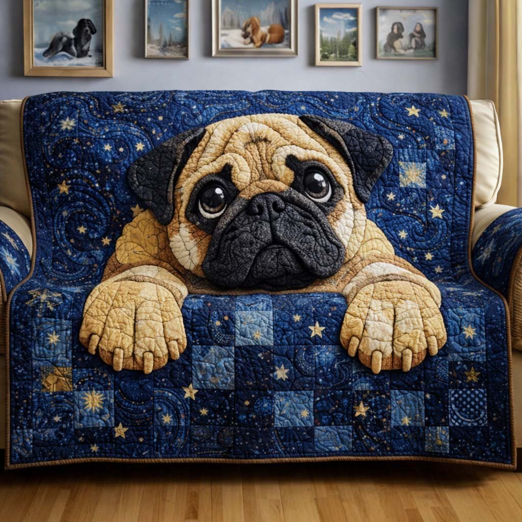 Pug on Blue Starry Squares Sofa Cover