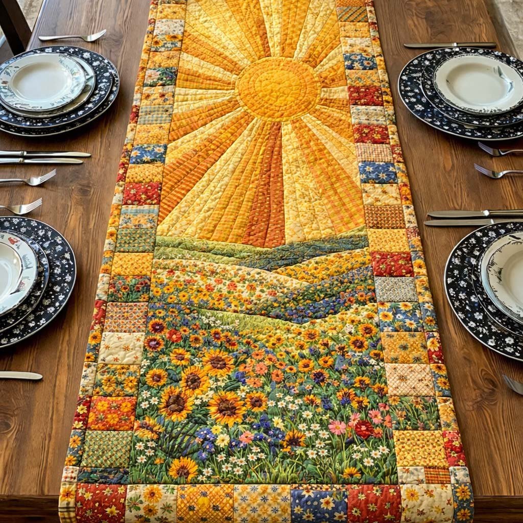 Golden Rays over Sunflower Meadow Table Runner