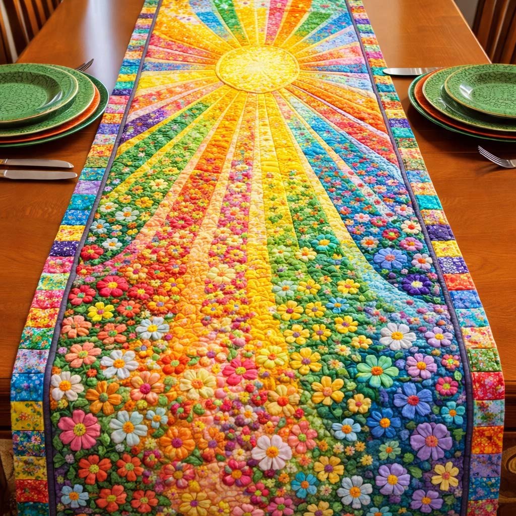 Rainbow Stripes with Scattered Flowers Table Runner