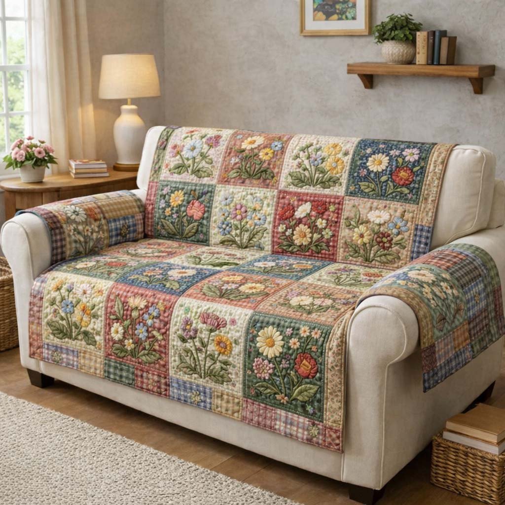 Pastel Flower Blocks in Soft Frames Sofa Cover