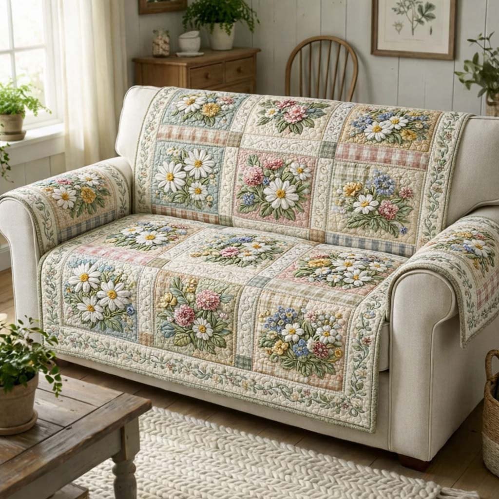 White Daisies in Cream Panels Sofa Cover