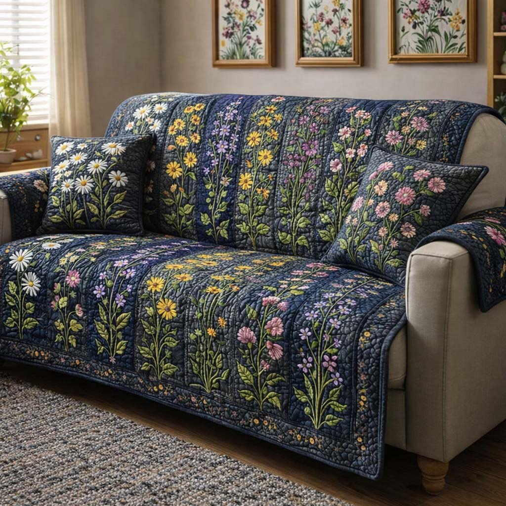 Wildflowers on Deep Navy Sofa Cover