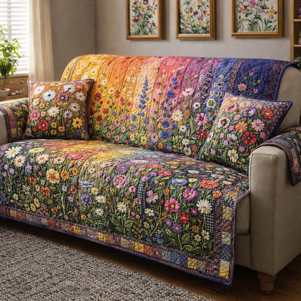 Flower Field on Violet and Green Sofa Cover
