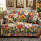Bright Daisies on Bold Patchwork Sofa Cover