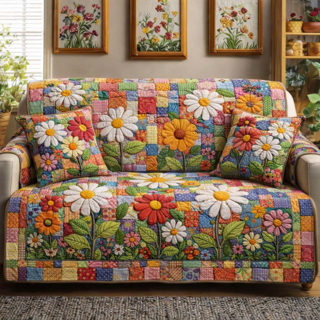 Bright Daisies on Bold Patchwork Sofa Cover