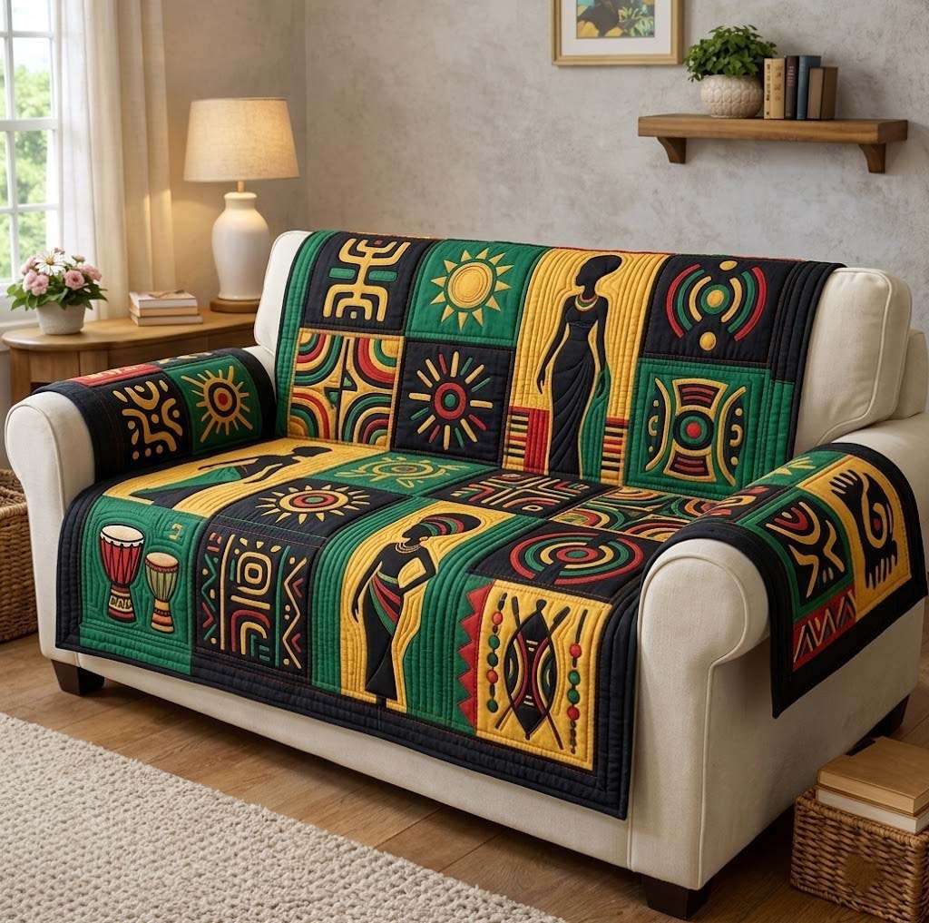 Adinkra Symbols on Green and Gold Blocks Sofa Cover