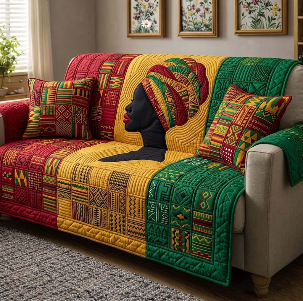 Woman in Profile on Red and Green Kente Sofa Cover