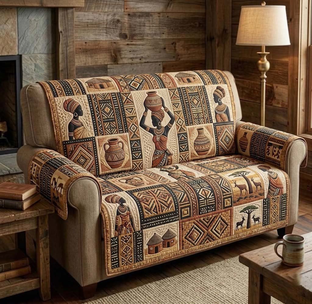Woman Carrying Clay Pots on Patterned Blocks Sofa Cover