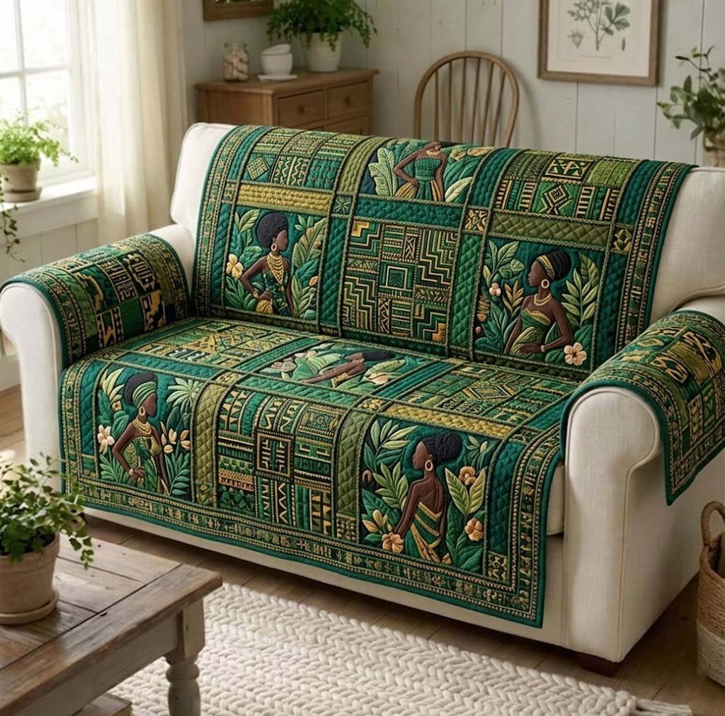 Woman Among Deep Green Tribal Panels Sofa Cover