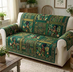 Woman Among Deep Green Tribal Panels Sofa Cover