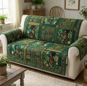 Woman Among Deep Green Tribal Panels Sofa Cover - Made to Order