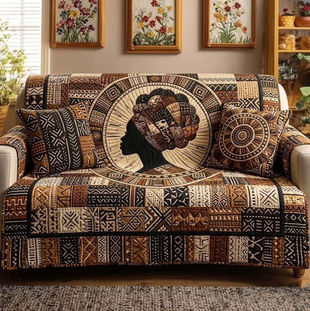 Silhouette in the Circle on Mudcloth Sofa Cover