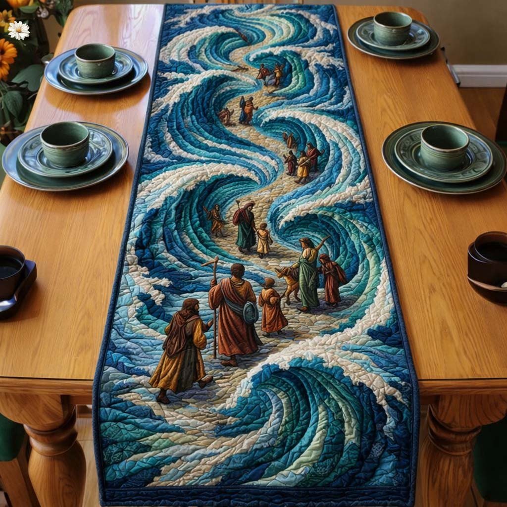 Travelers Between Swirling Blue Waves Table Runner