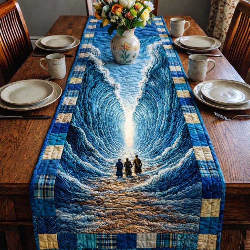 Three Figures in Blue Wave Tunnel Table Runner