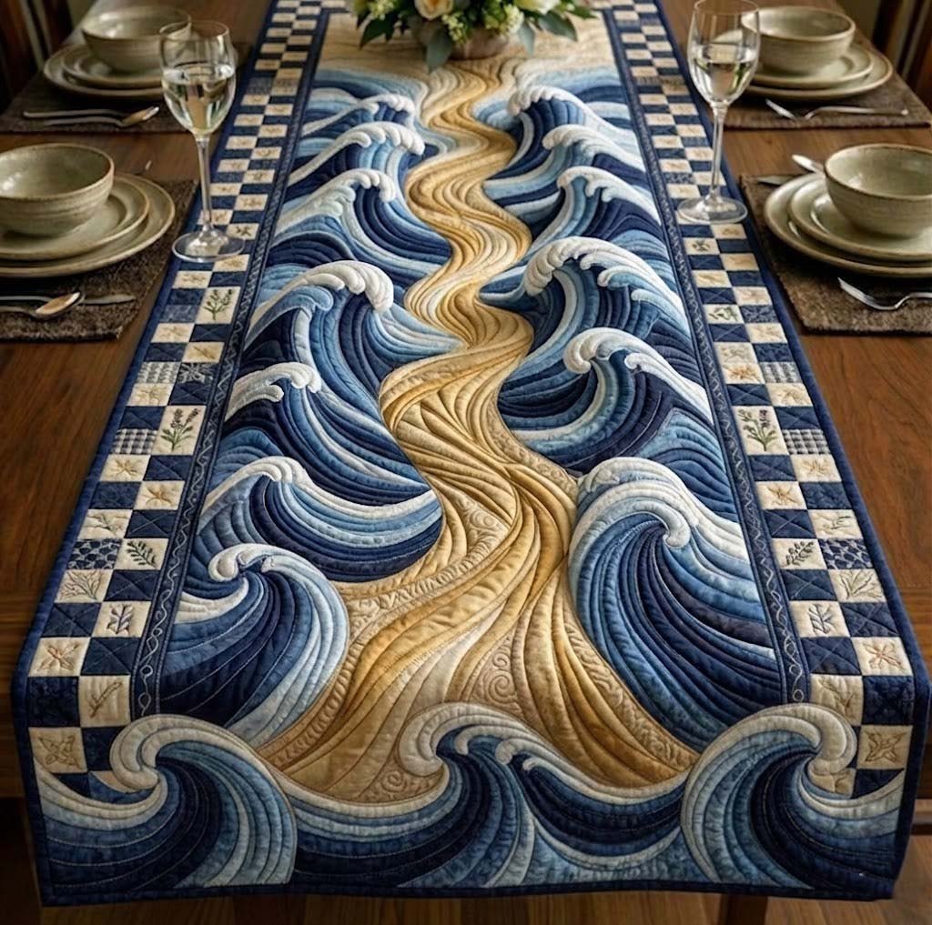 Blue and Cream Swirling Waves Table Runner