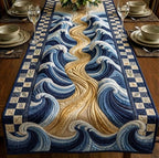 Blue and Cream Swirling Waves Table Runner