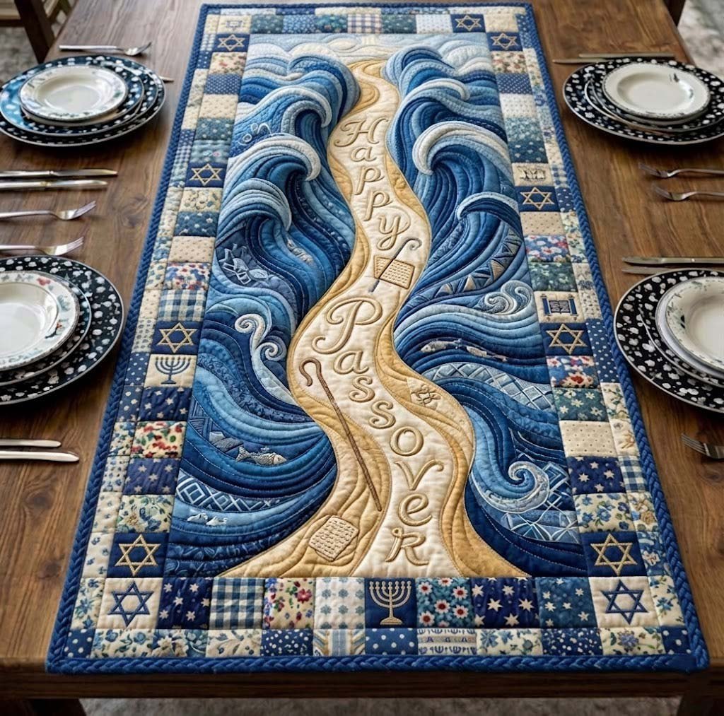 Happy Passover Between Blue Waves Table Runner