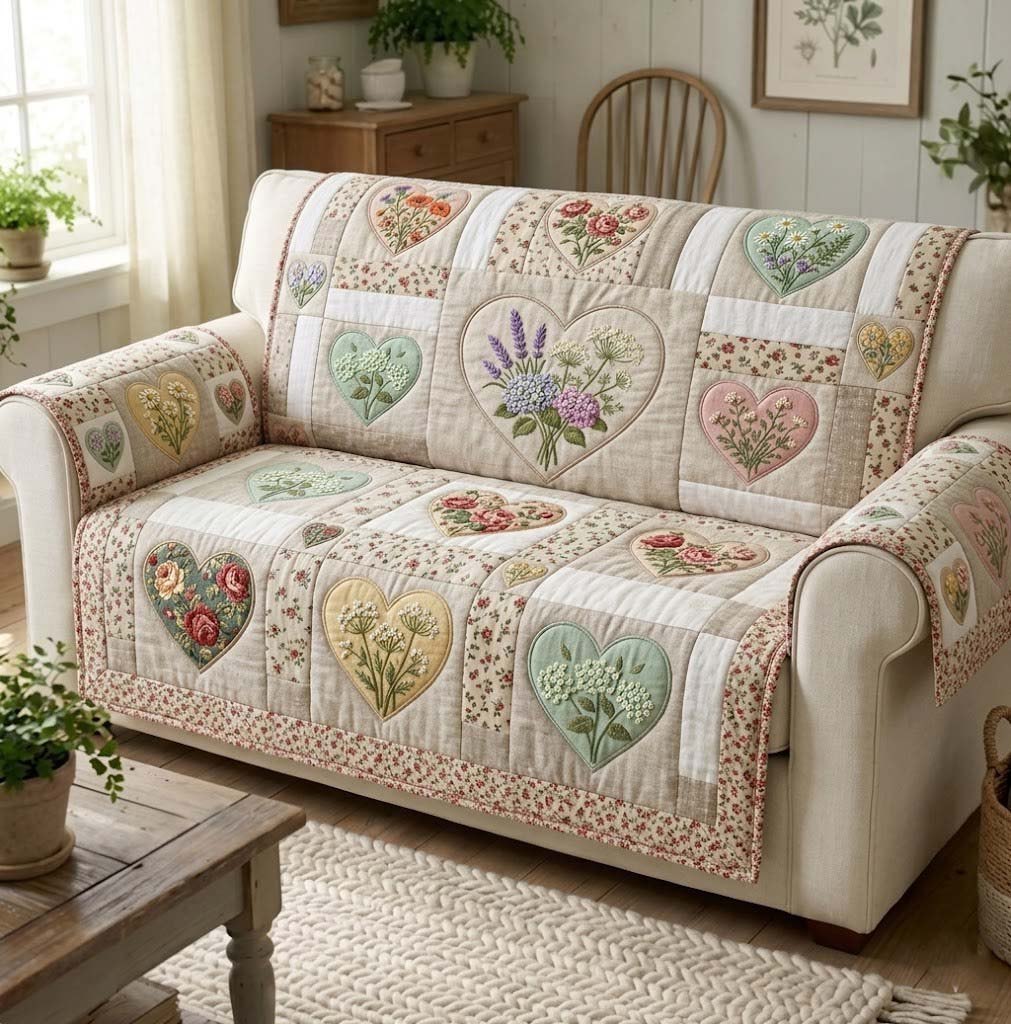 Floral Hearts on Cream Blocks Sofa Cover
