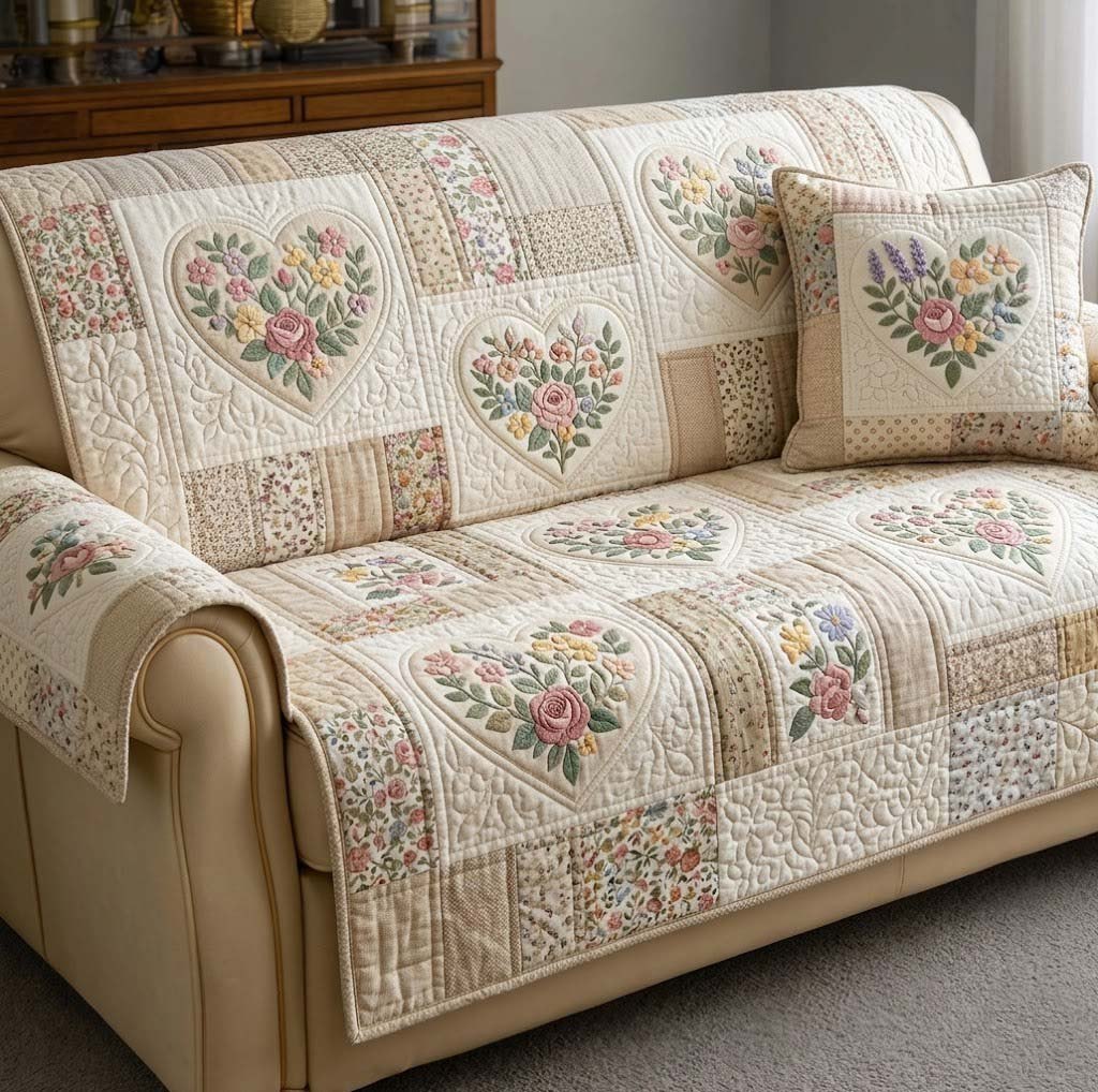 Pastel Hearts and Roses in Soft Panels Sofa Cover