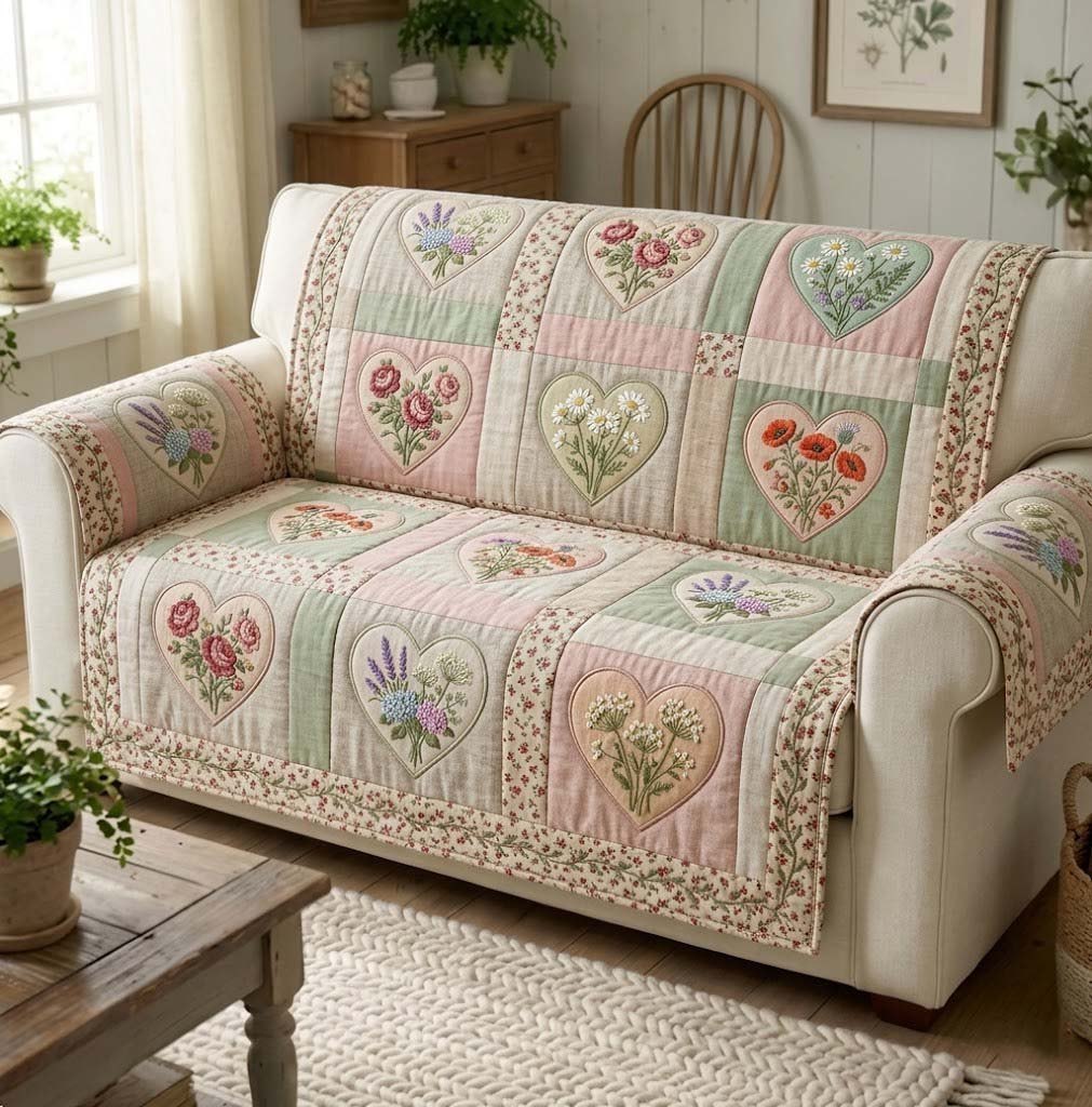 Hearts and Blooms in Pink and Sage Sofa Cover