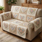 Ivory Hearts Filled with Small Flowers Sofa Cover
