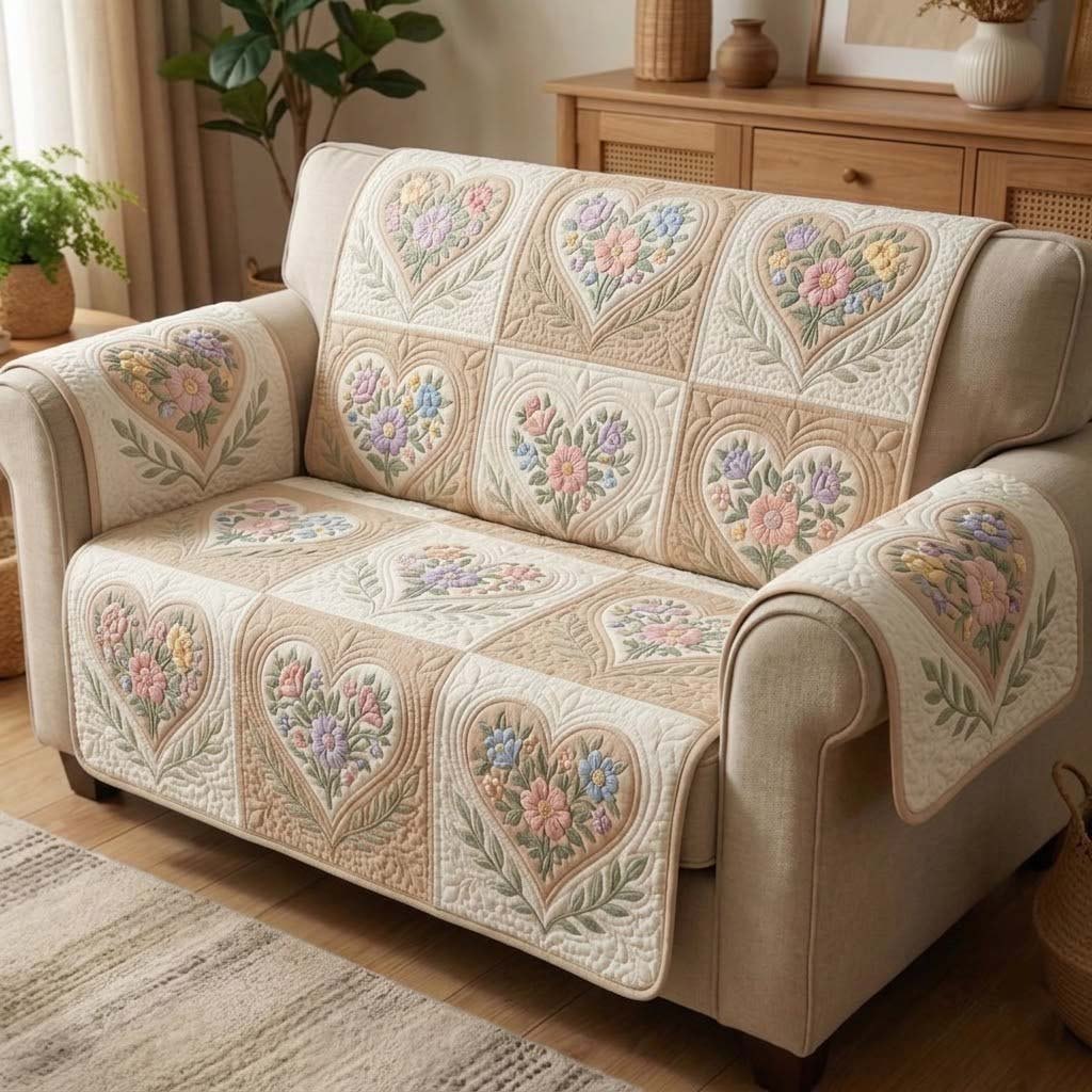 Ivory Hearts Filled with Small Flowers Sofa Cover