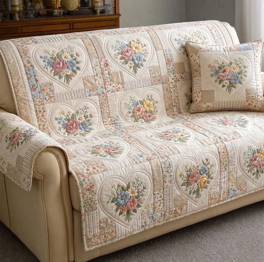 Flower Bouquets on Ivory Quilting Sofa Cover