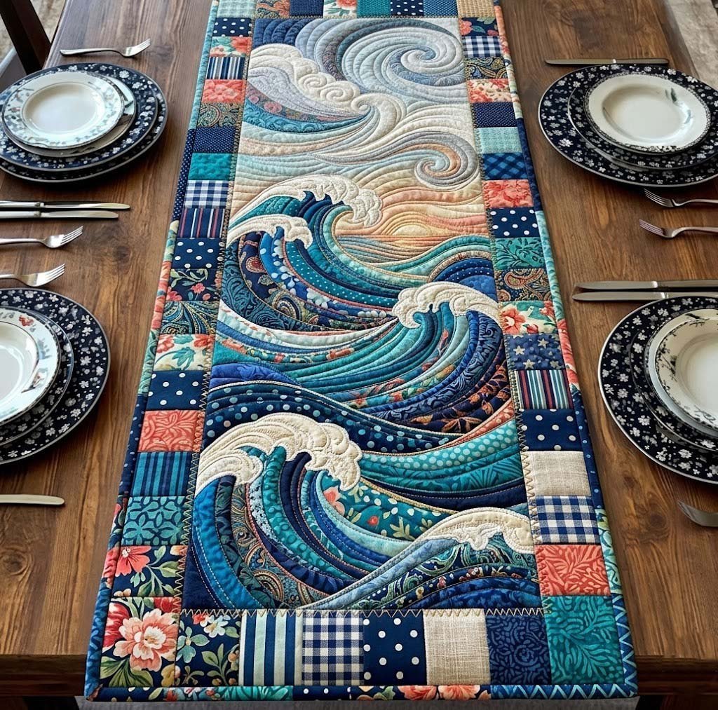 Blue Waves with Floral Patchwork Table Runner