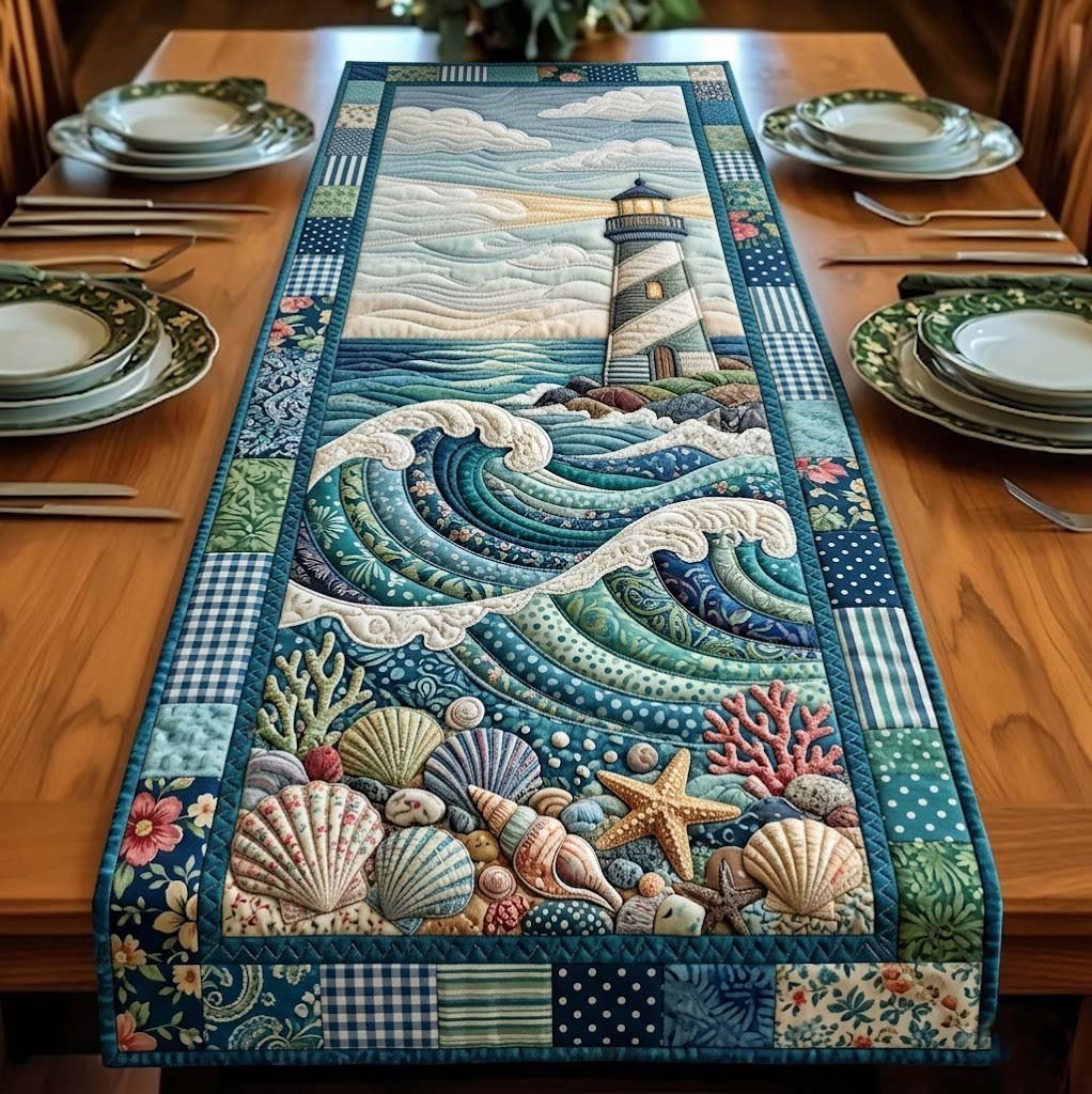 Lighthouse with Shells and Waves Table Runner