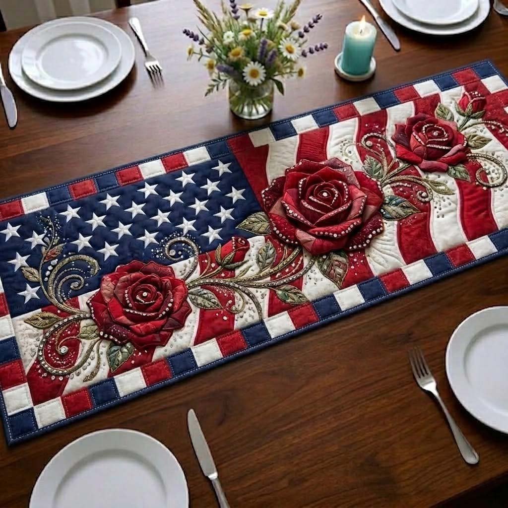 Red Roses on the Flag Table Runner