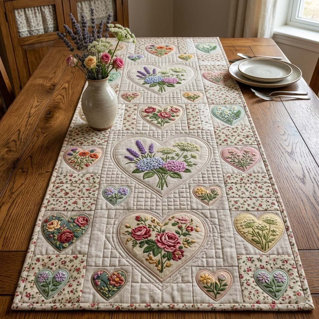 Floral Hearts on Cream Squares Table Runner