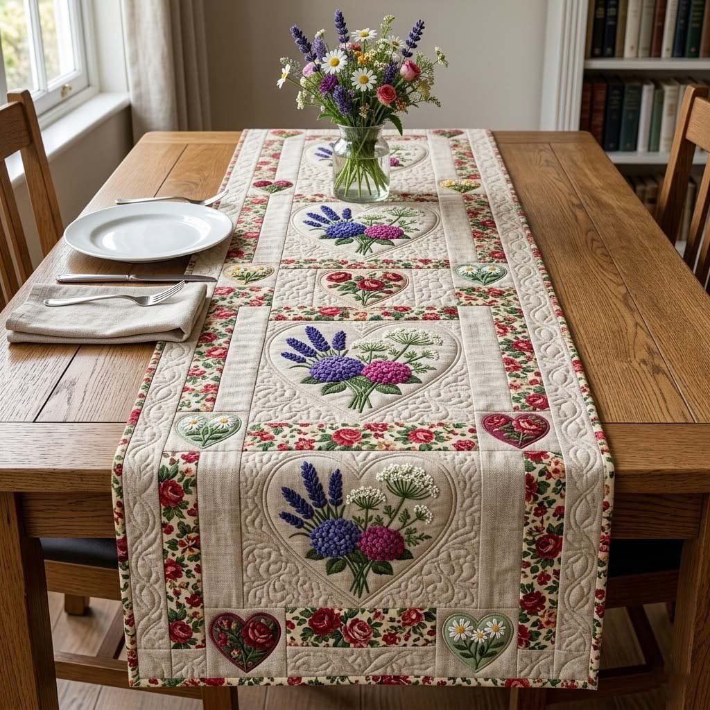 Lavender Hearts in Cream Blocks Table Runner