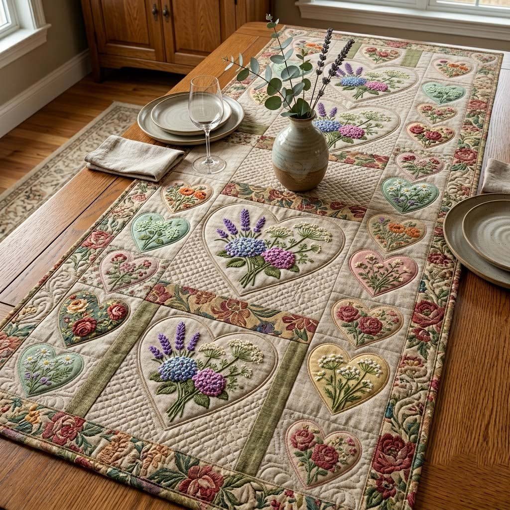 Lavender and Rose Heart Frames Table Runner