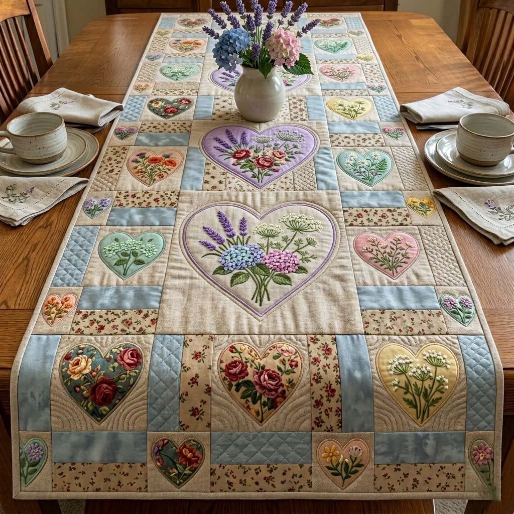Pastel Floral Hearts in Squares Table Runner