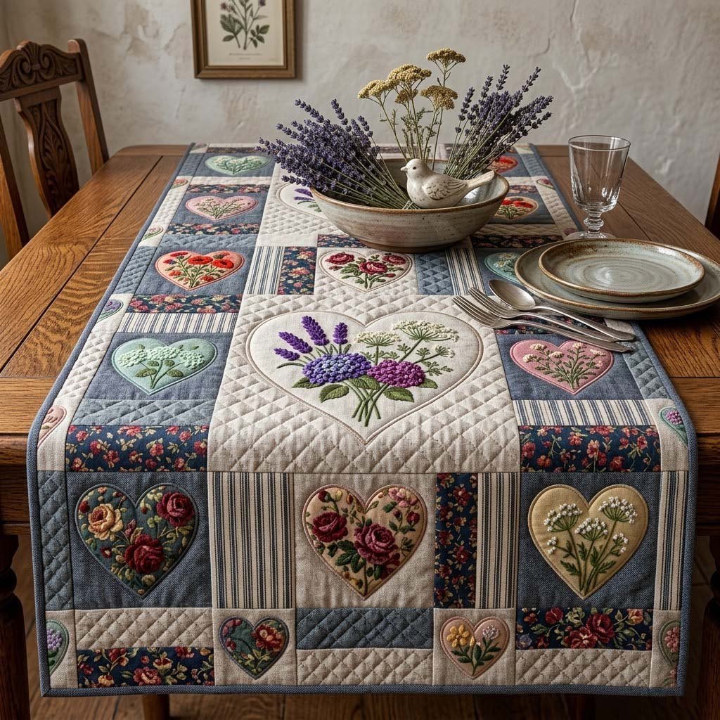 Heart Blocks on Grey and Cream Table Runner