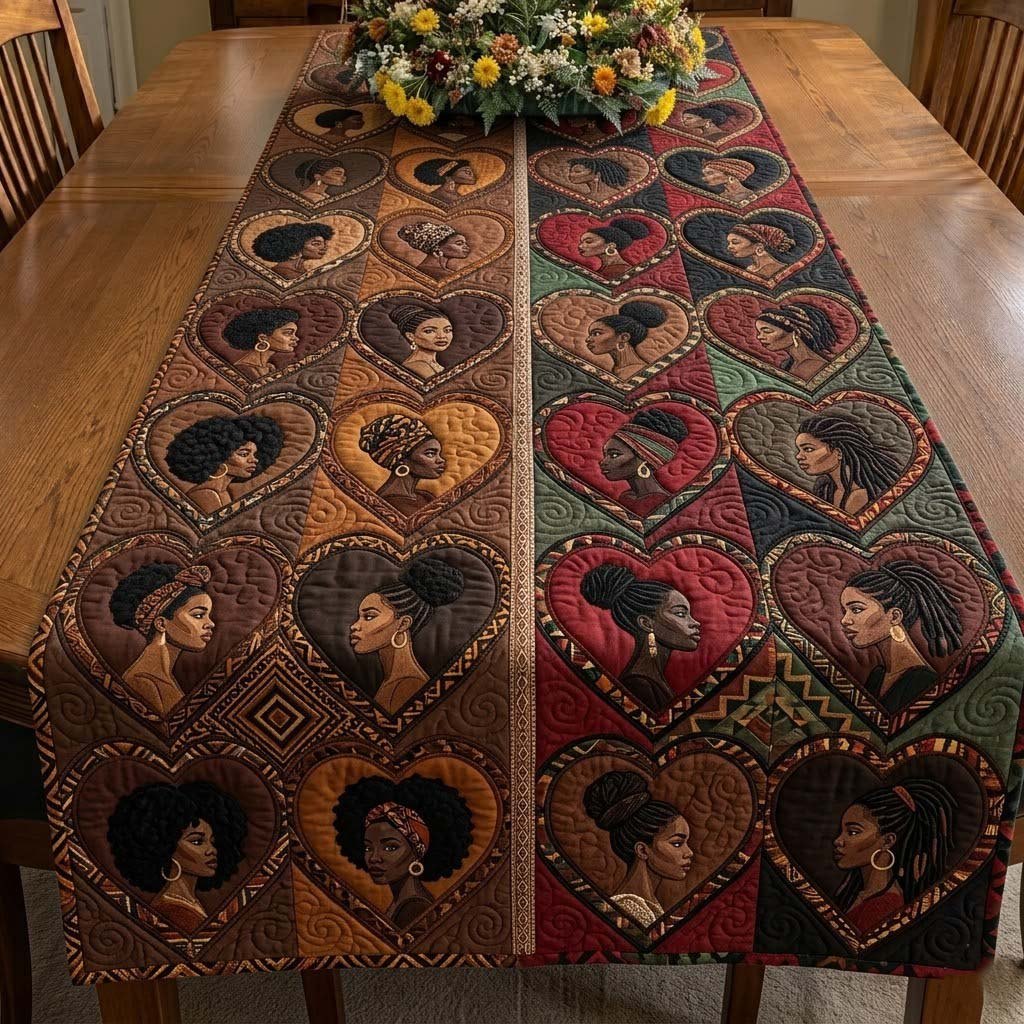 Afro Portraits in Heart Frames Table Runner