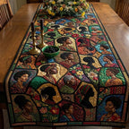 Women Portraits in Stained Glass Blocks Table Runner