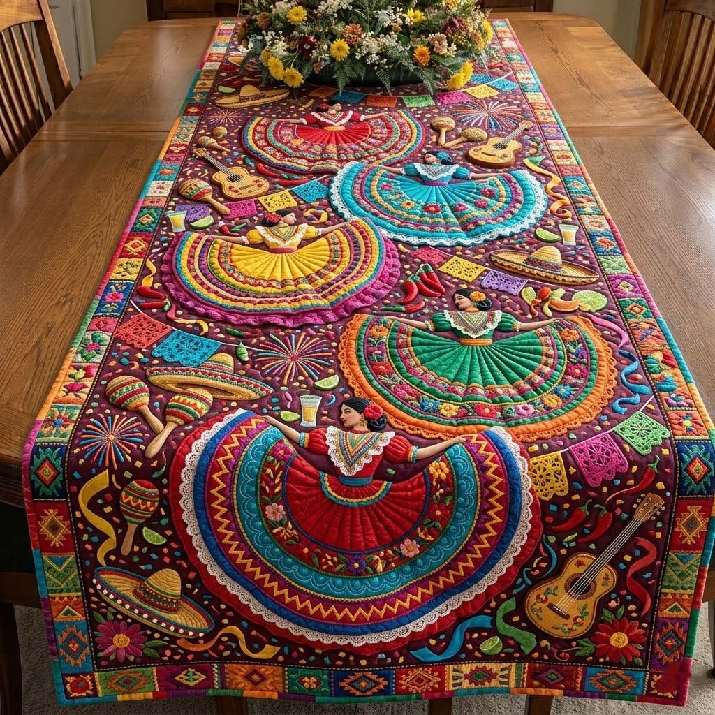 Dancers and Guitars on Blue Table Runner