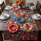 Bright Paper Flowers on Blue Table Runner