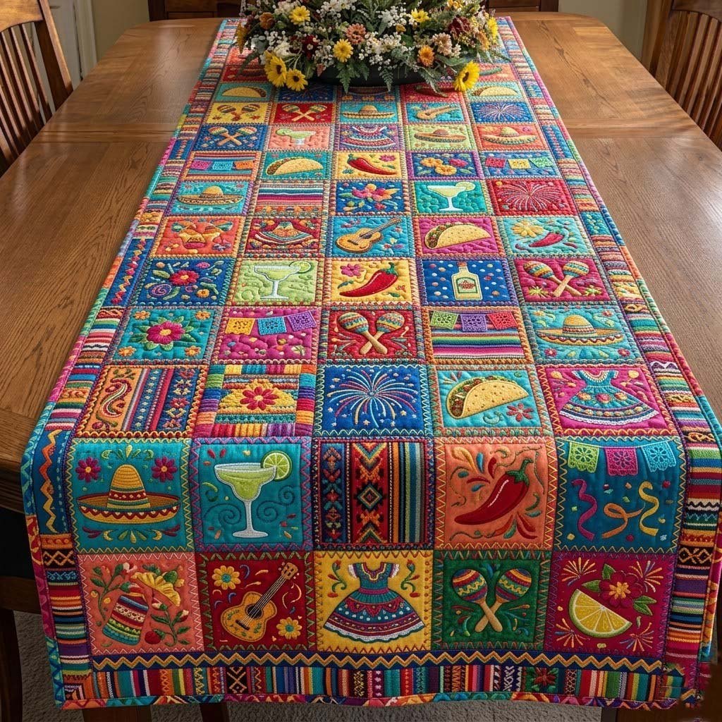 Fiesta Icon Squares on Blue Table Runner