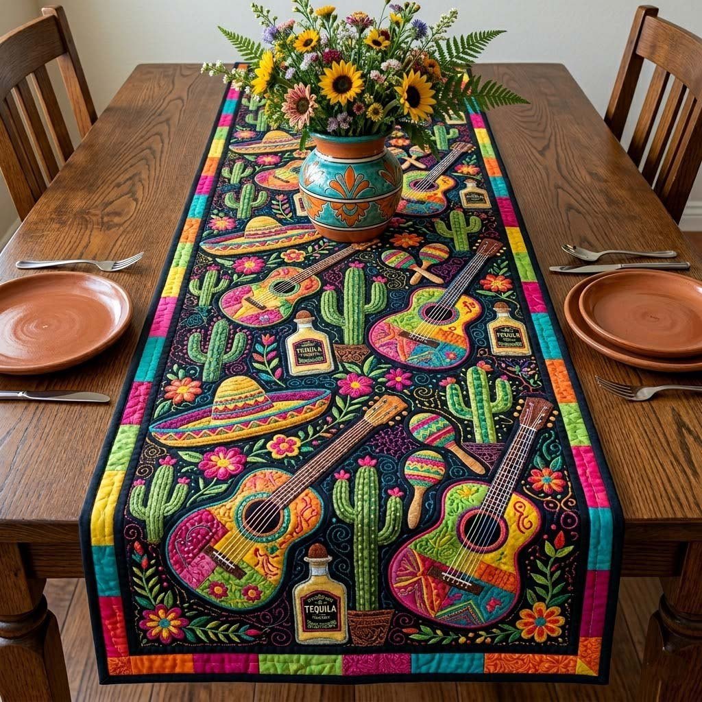 Guitars Cactus and Sombreros on Black Table Runner