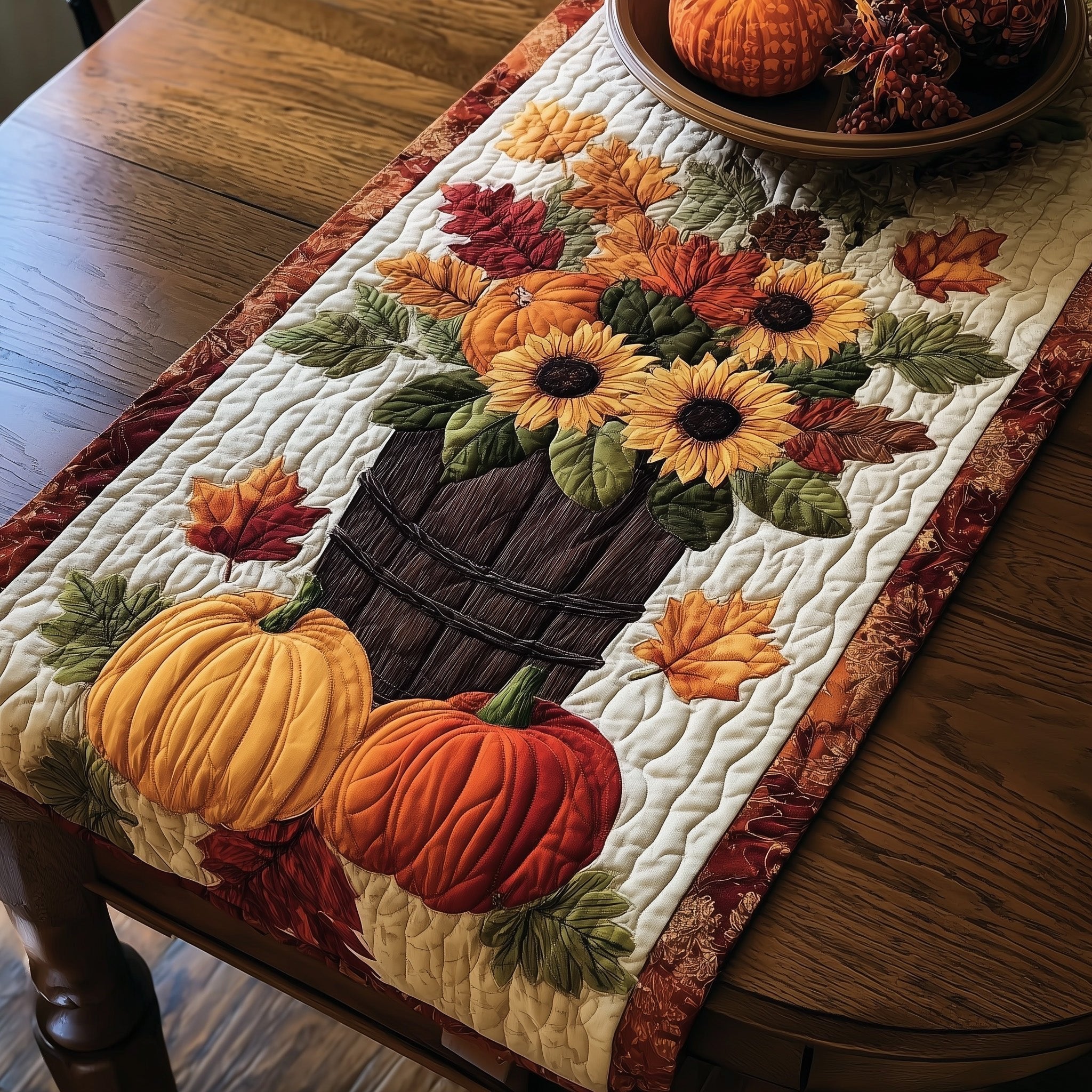 Sunflower Basket with Pumpkins on Cream Table Runner