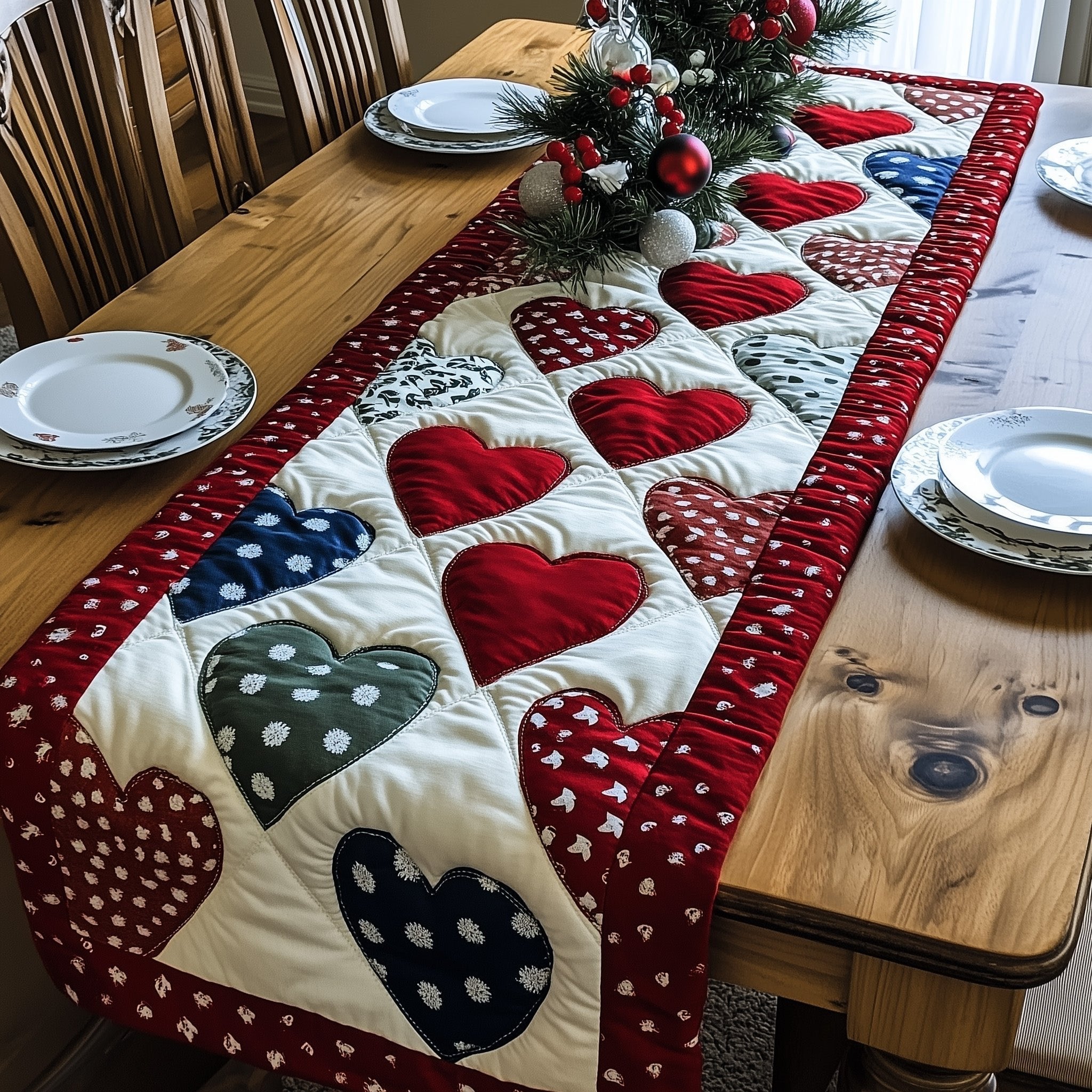 Polka Dot Hearts in Patchwork Blocks Table Runner