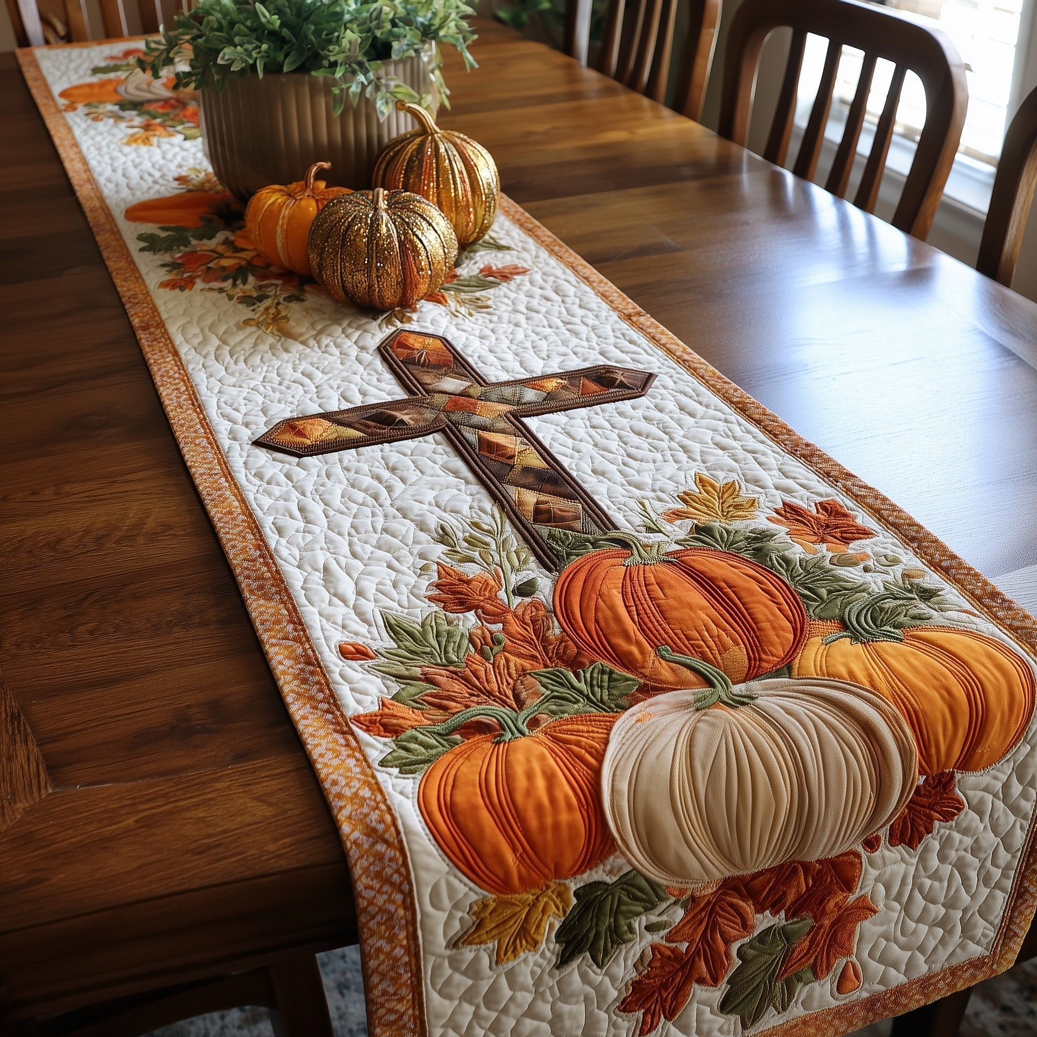 Cross with Pumpkins on Cream Table Runner