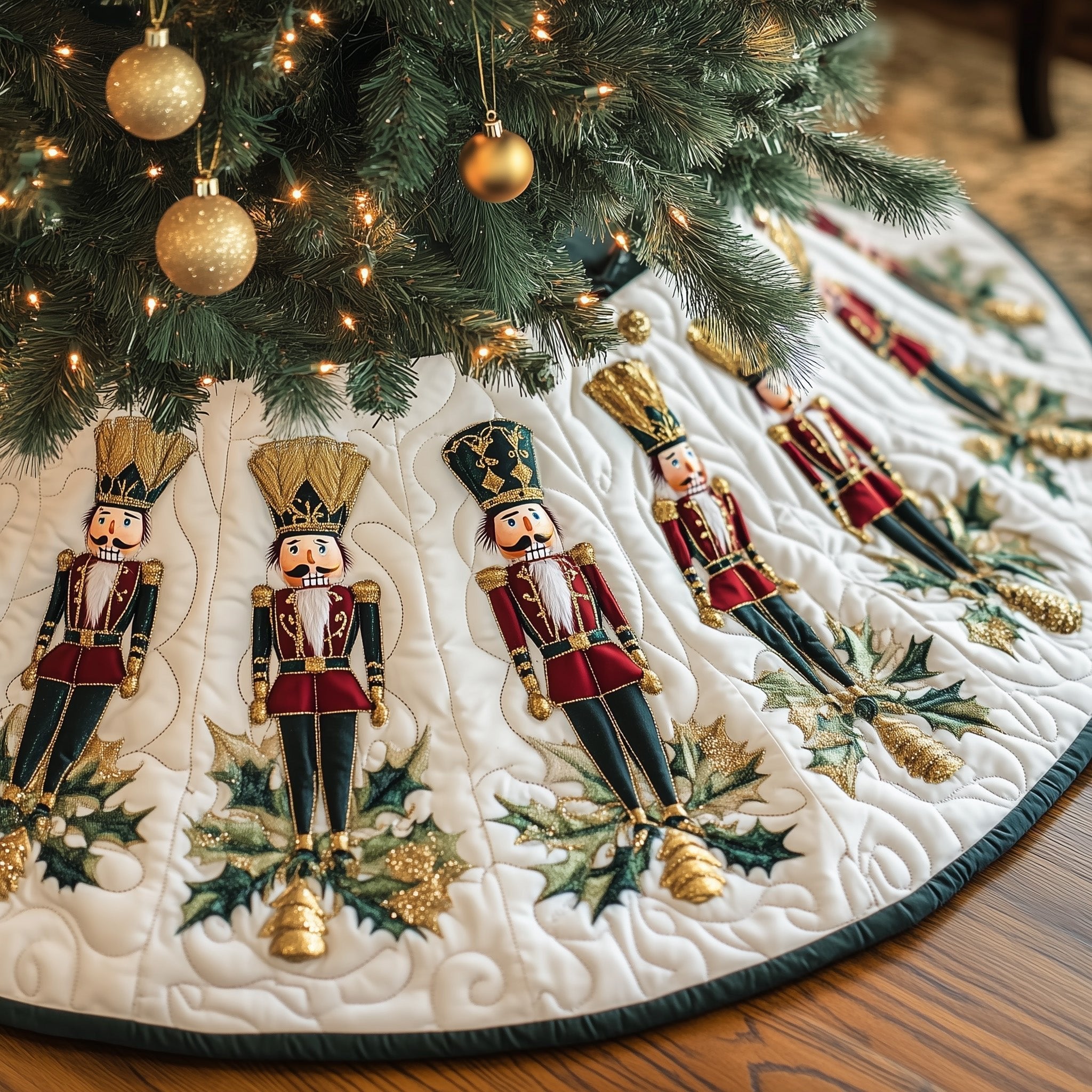 Nutcrackers with Holly on Ivory Christmas Tree Skirt