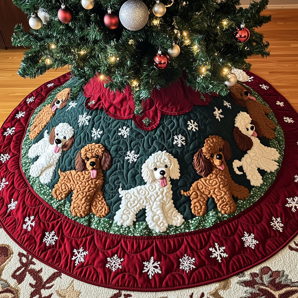 Poodles on Red Snowflake Border Christmas Tree Skirt