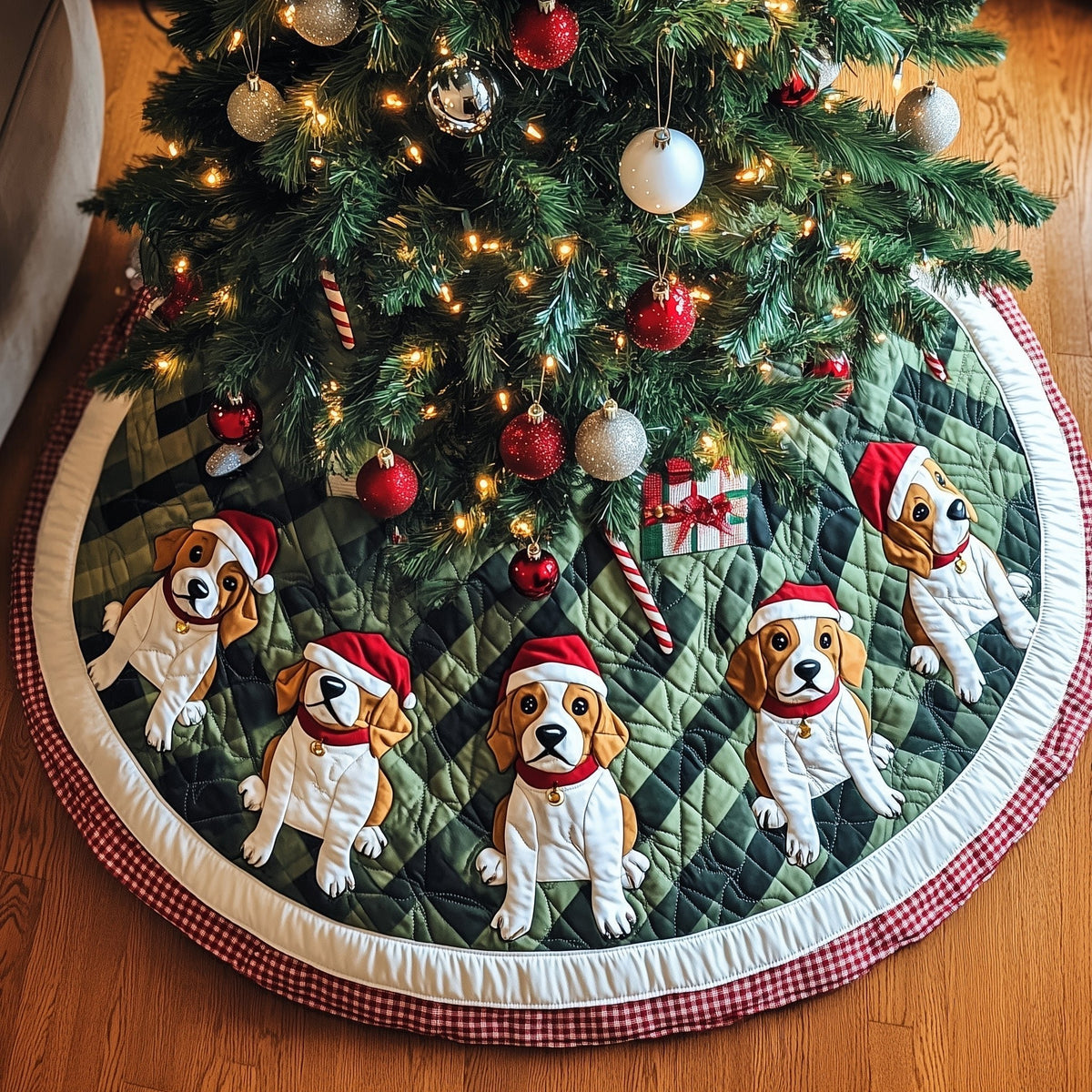 Beagles in Santa Hats on Green Christmas Tree Skirt