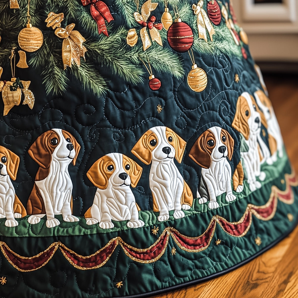 Four Beagles on Dark Teal Christmas Tree Skirt