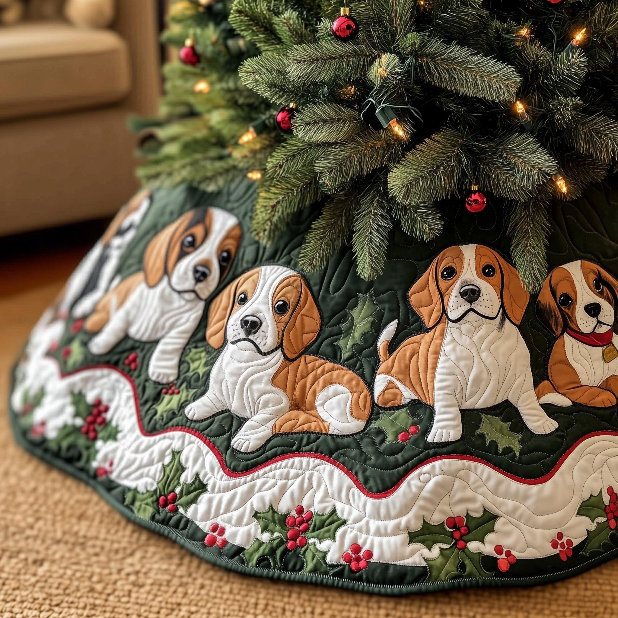 Playful Beagles with Holly Berries Christmas Tree Skirt