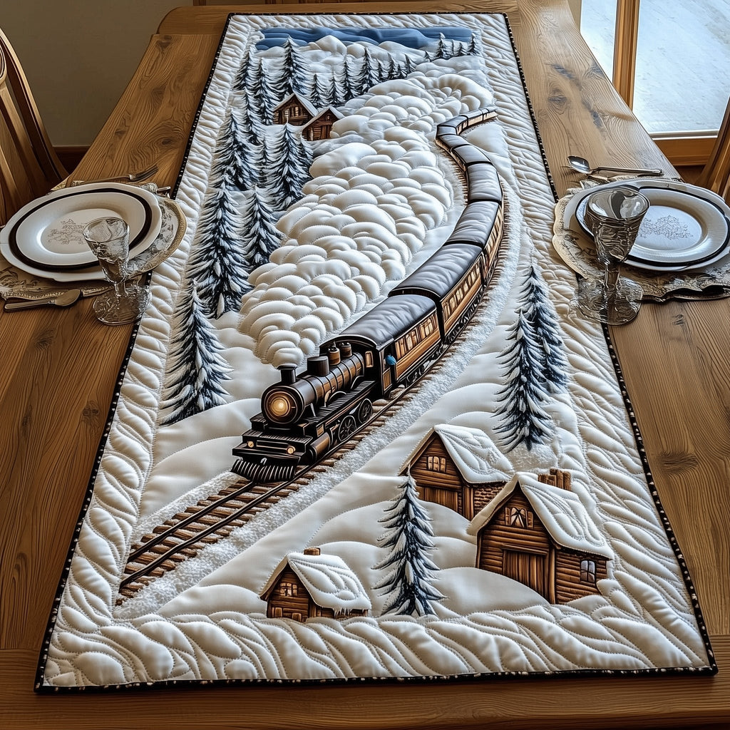 Train Passing a Snowy Cabin Table Runner